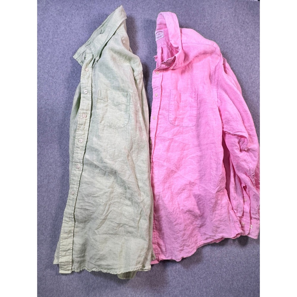 2pc Brooks Brothers 346 Mens XL Linen Button Down Shirts Pink Green Long Sleeve